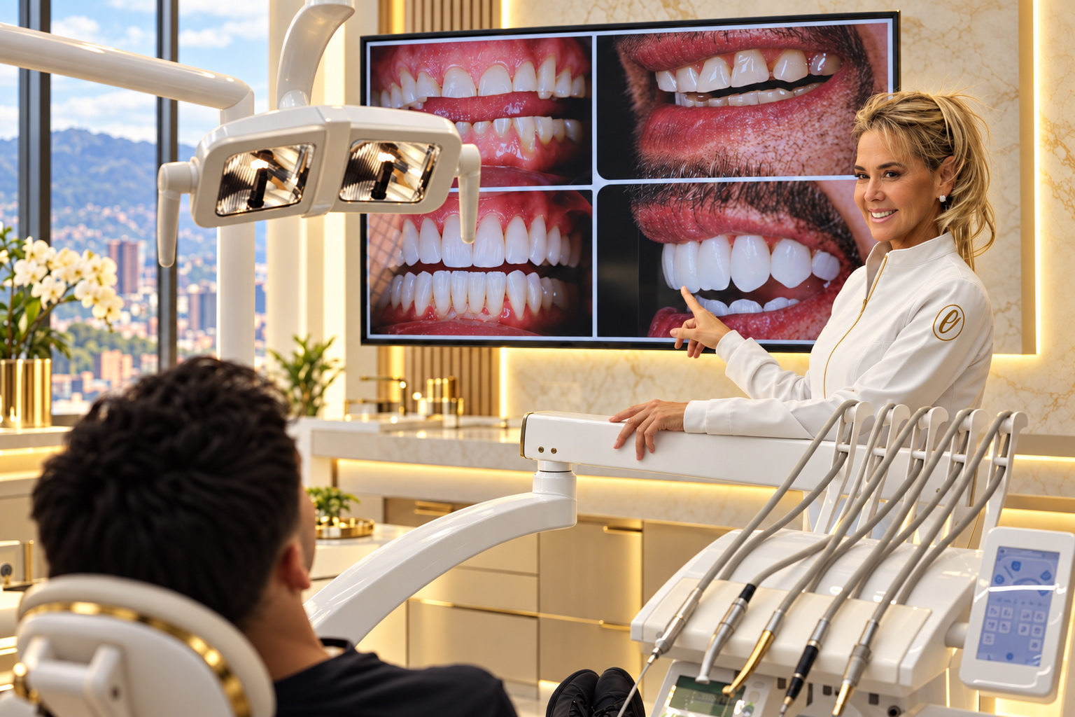 Consulta de diseño de sonrisa holístico: profesional odontológica en una clínica moderna explica imágenes dentales en una pantalla a un paciente
